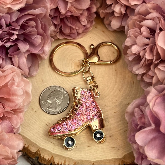 Pink and Gold Crystal Roller Skate Keychain Charm - Picture 14 of 16